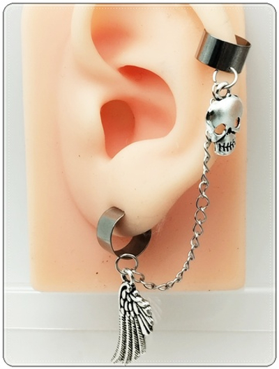 Клипсы "Крыло, череп" для имитации пирсинга уха без прокола. Цена за набор.