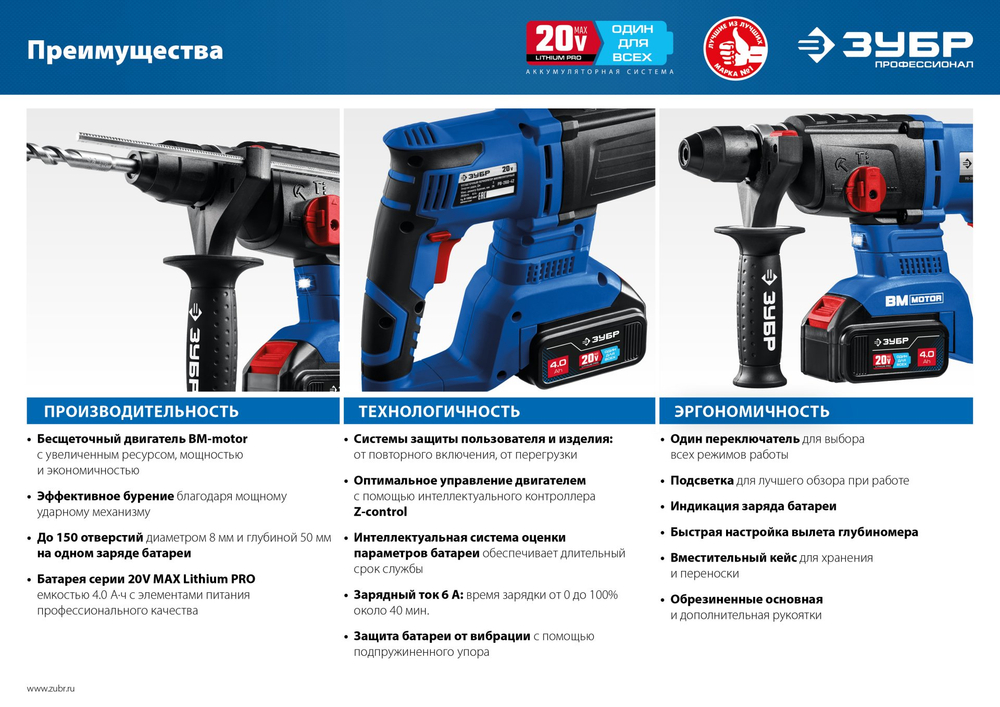 ЗУБР Т7, 20 В, 26 мм, 2 АКБ (4 А·ч), бесщеточный перфоратор, кейс, Профессионал (PB-260-42)