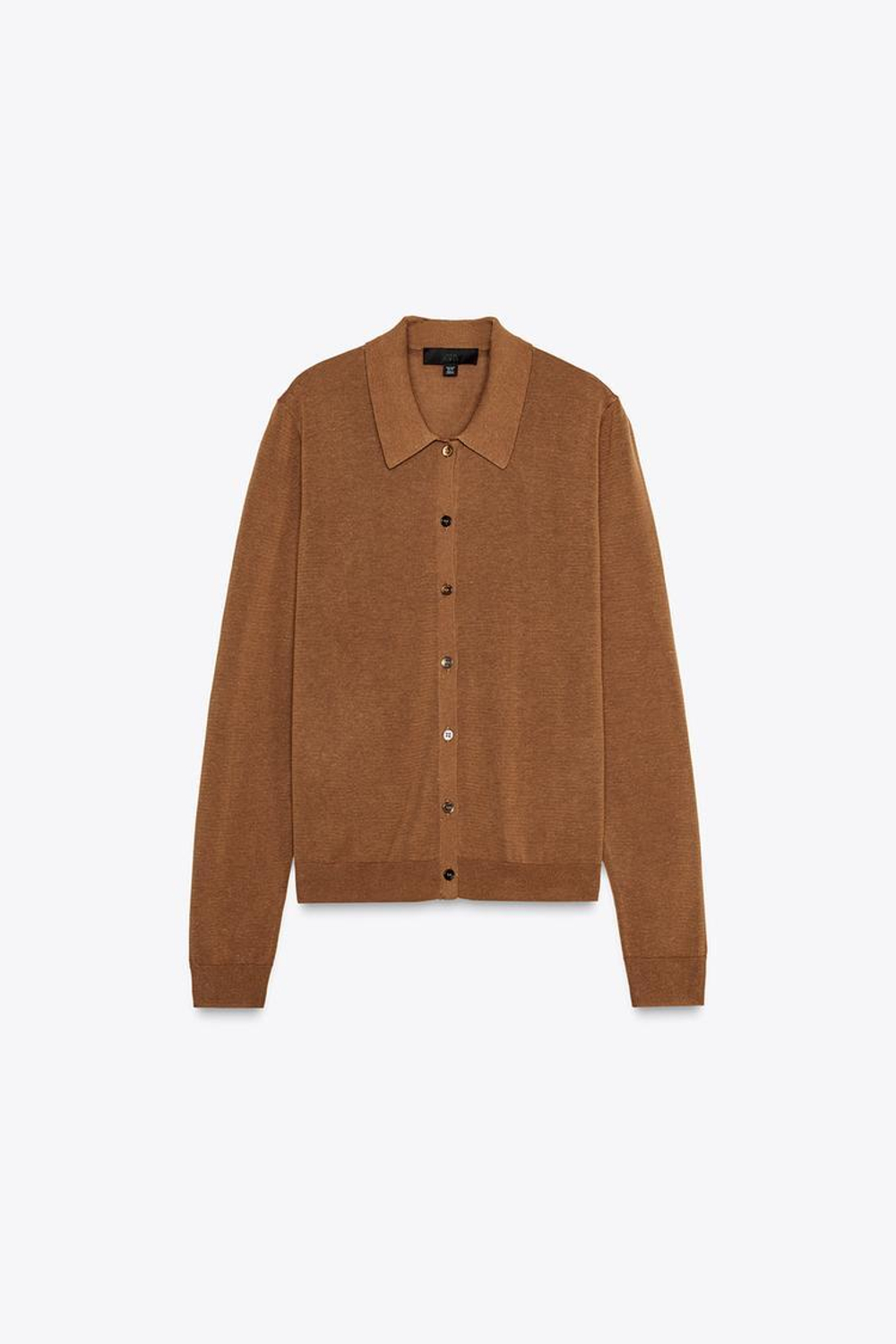 ZARA ОДНОТОННЫЙ ТРИКОТАЖНЫЙ КАРДИГАН ПОЛО, КОРИЧНЕВЫЙ