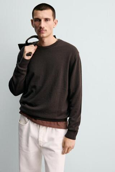 ZARA ШЕРСТЯНОЙ СВИТЕР КЛАССИЧЕСКОГО КРОЯ, ШОКОЛАДНЫЙ