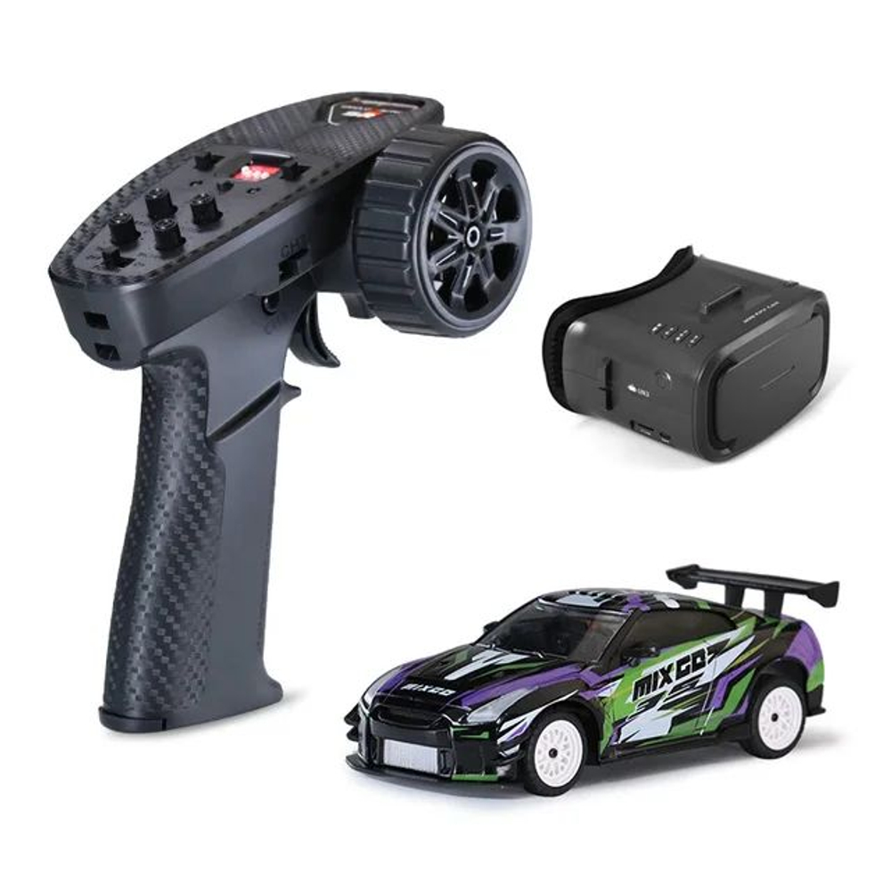 Радиоуправляемая модель для дрифа Nissan GTR зеленый c камерой и гироскопом 1:43 , Набор Sniclo FPV MG 117 , Машина+пульт+Очки FPV V2