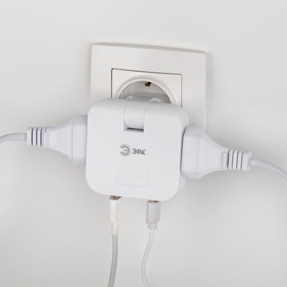Разветвитель электрический ЭРА SPF-2-FL-USB поворотный на 2 розетки + 2USB 10А белый | Электротовары