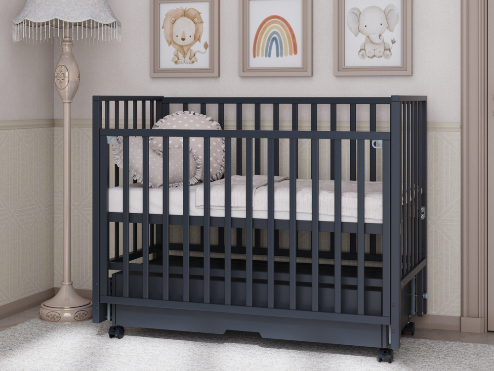 Детская кроватка Incanto Hollie (графит) универсальный маятник, колеса, ящик, автостенка