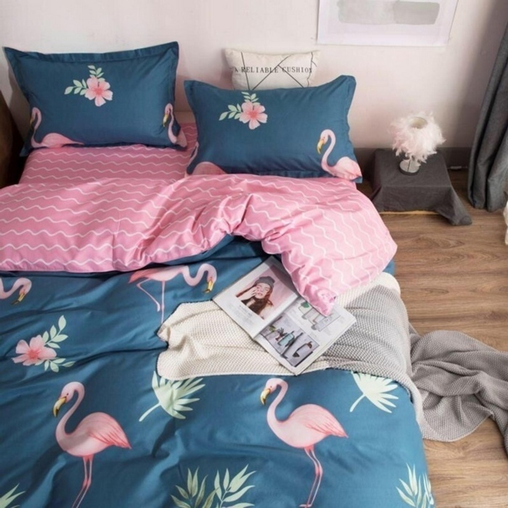 2-спальное постельное белье из сатина Голубое с фламинго