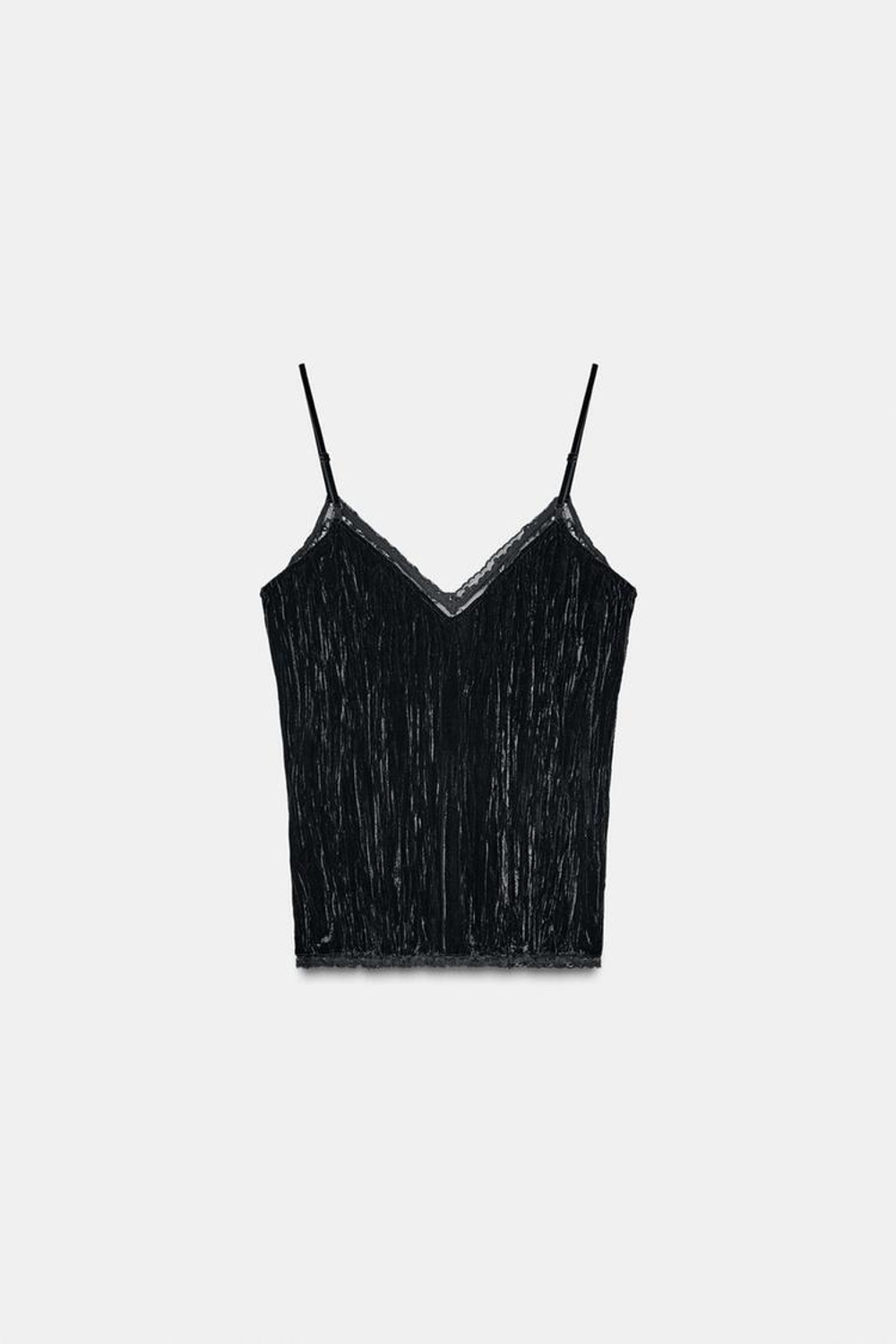ZARA БАРХАТНЫЙ ТОП С КРУЖЕВОМ — ZW COLLECTION, ЧЕРНЫЙ