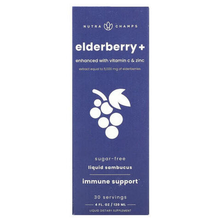 От гриппа и простуды NutraChamps, Elderberry +, обогащенная витамином C и цинком, натуральные ягоды, 120 мл (4 жидк. Унции)