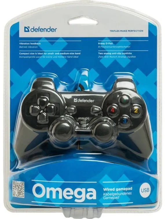Геймпад Defender Omega USB, проводной, вибрация, для PC, USB, черный