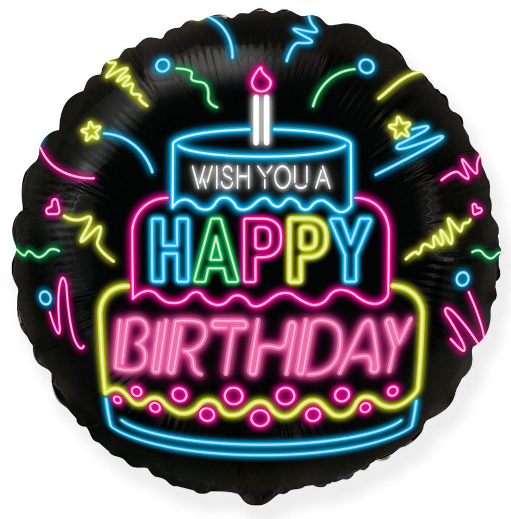 Шар (9''/23 см) Мини-круг, С Днем Рождения! (неоновые огни), Черный, 1 шт.