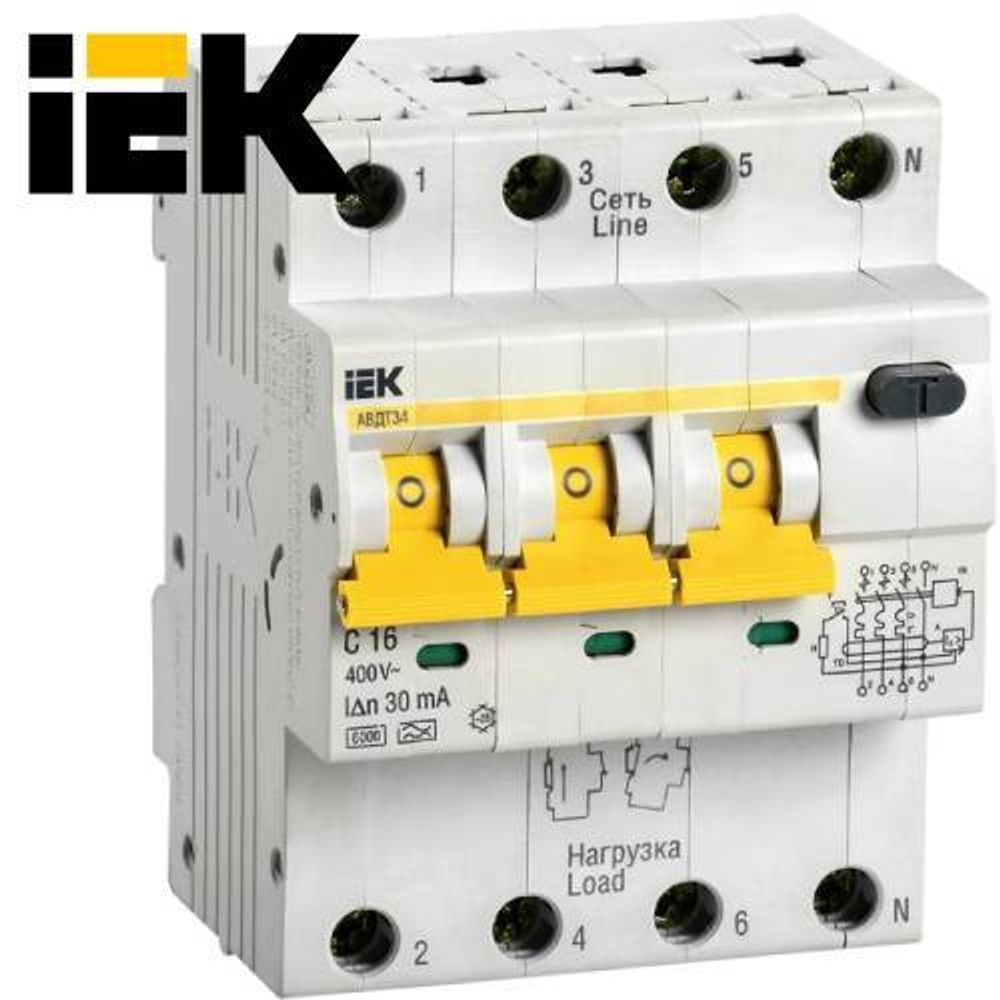 Дифференциальный автоматический выключатель 4/16 А 30ма IEK (АВДТ34)