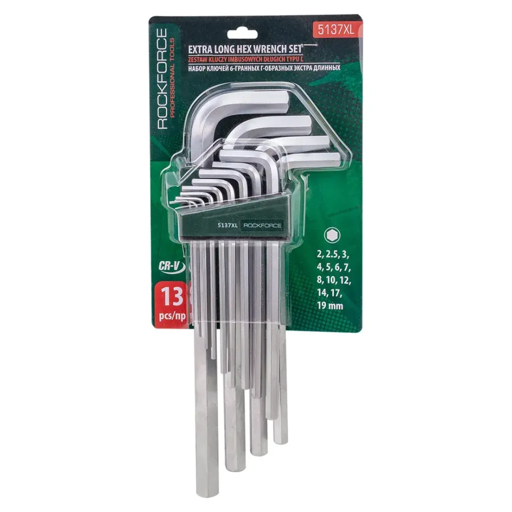 Набор ключей Г-образных 6-гранных экстра длинных 13пр.(2, 2.5, 3-8, 10, 12, 14, 17, 19мм)в пластиковом держателе RockForce##Rock FORCE RF-5137XL