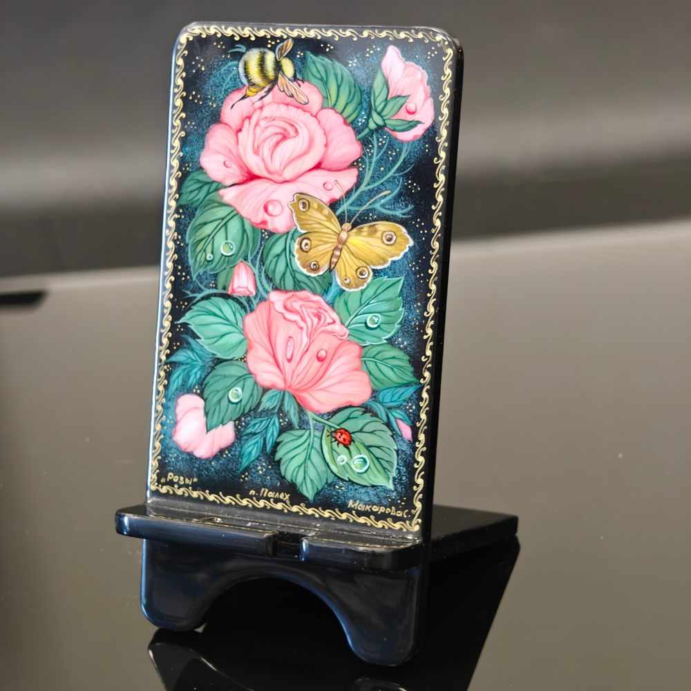 Сувенирная подставка для телефона с росписью Палех "Розы"