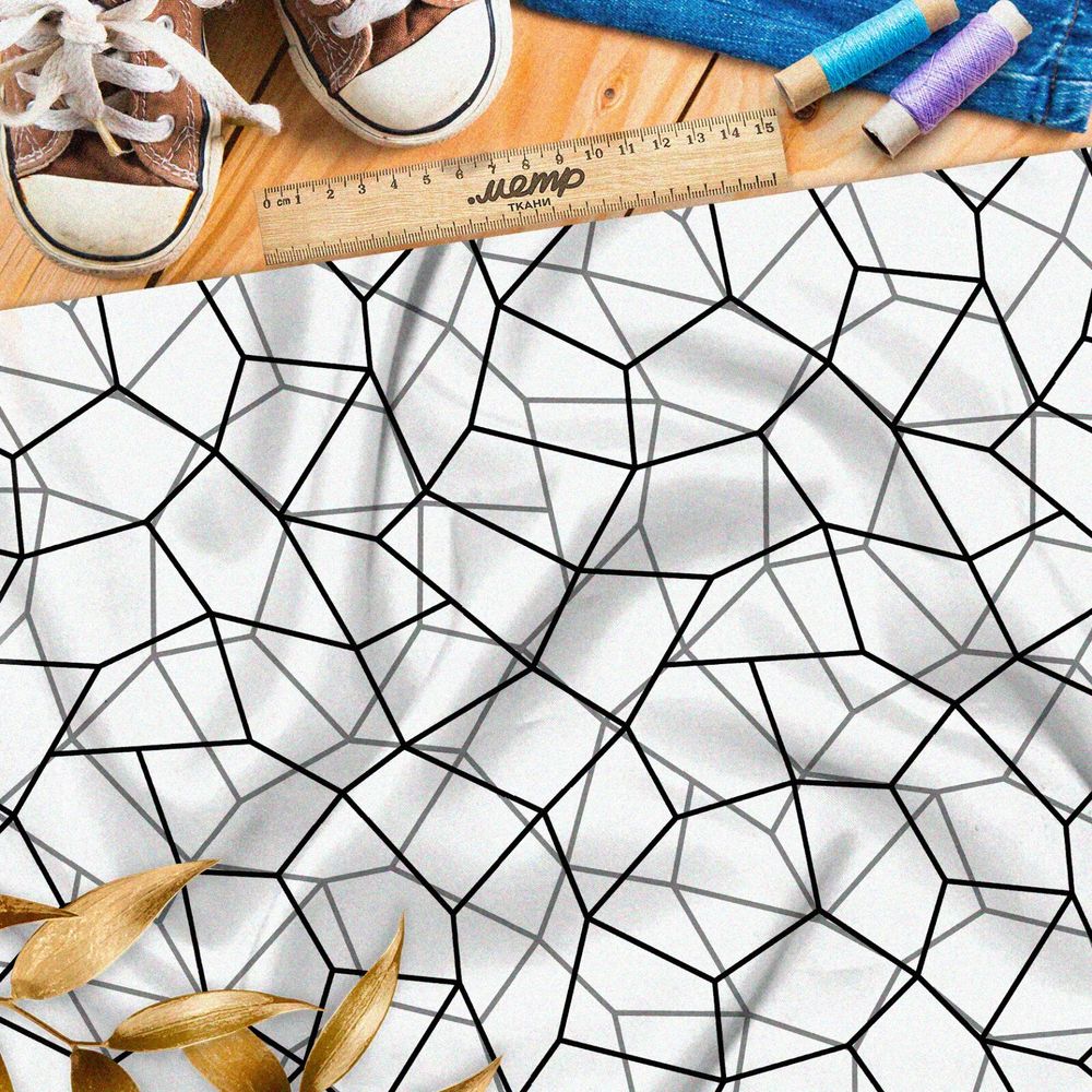 Ткань блэкаут сплошная чёрная клетка на бежевом фоне