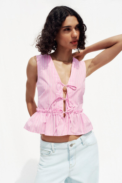 ZARA ТОП В ПОЛОСКУ С БАНТИКАМИ, РОЗОВЫЙ/БЕЛЫЙ