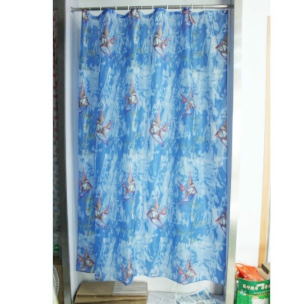 Штора для ванной комнаты полиэстер эконом 170*200 с кольцами Рыбы на голубом YQL-1289