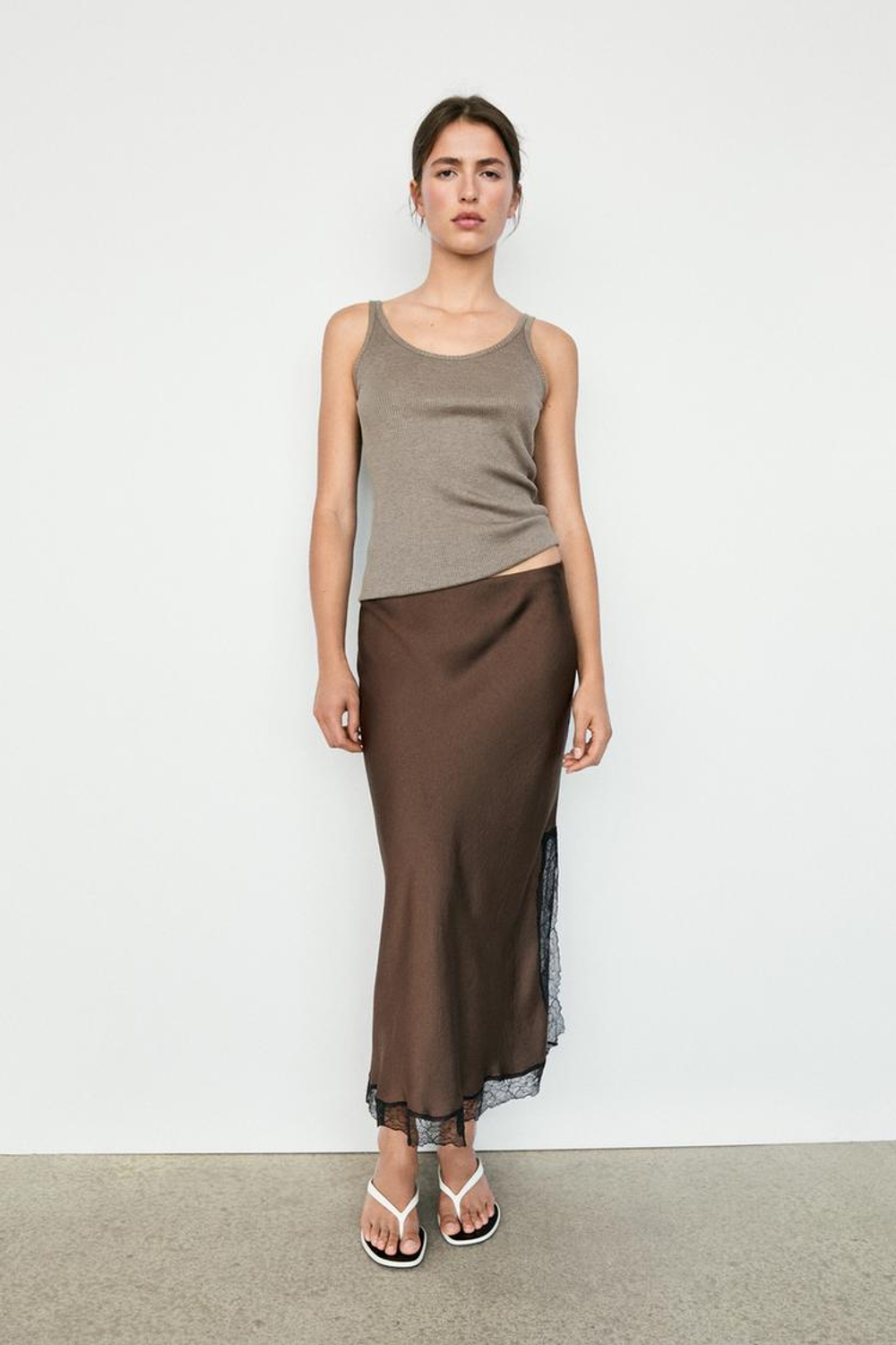 Massimo Dutti Юбка миди с кружевной отделкой, коричневый
