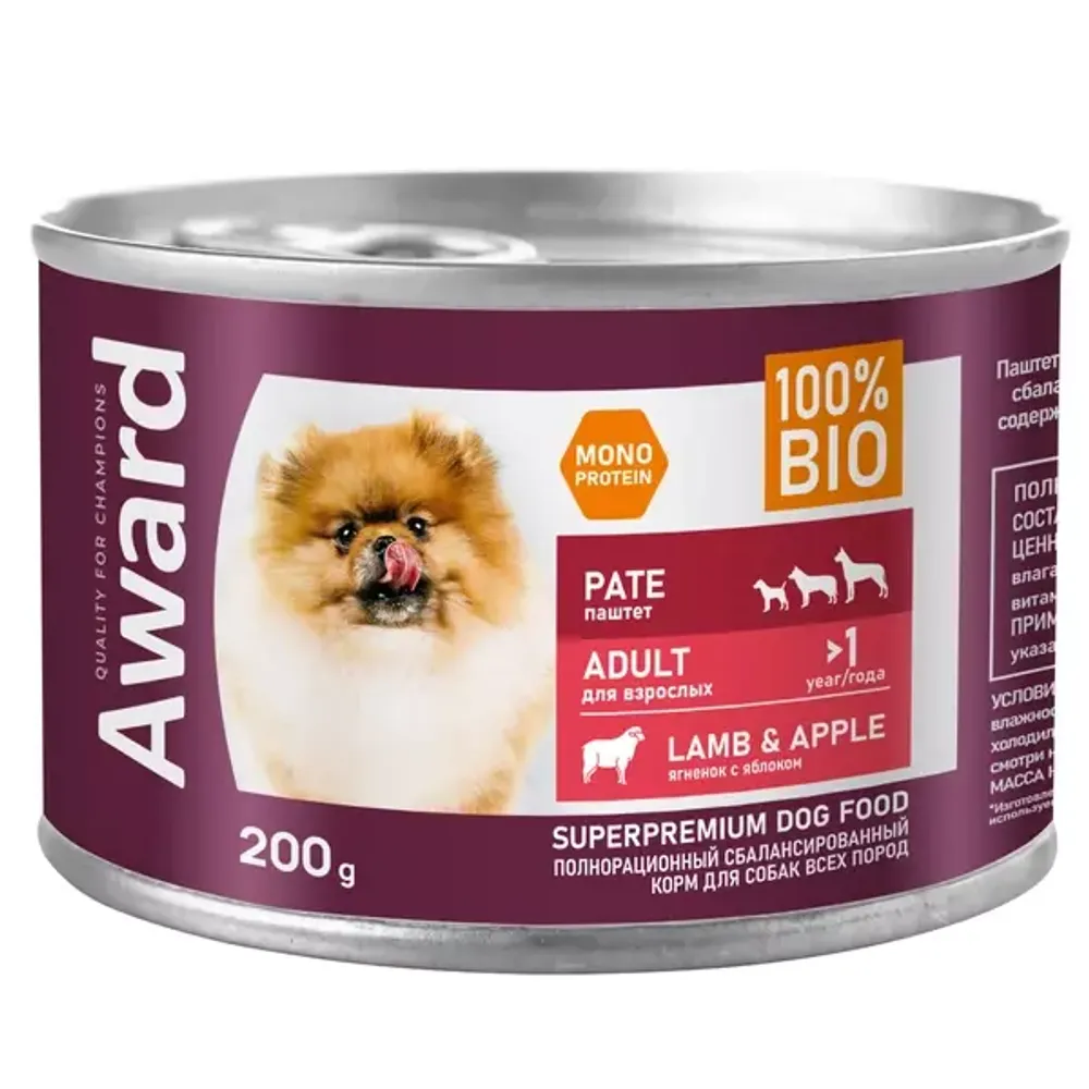 Консервы AWARD для взрослых собак, паштет из ягненка с яблоком