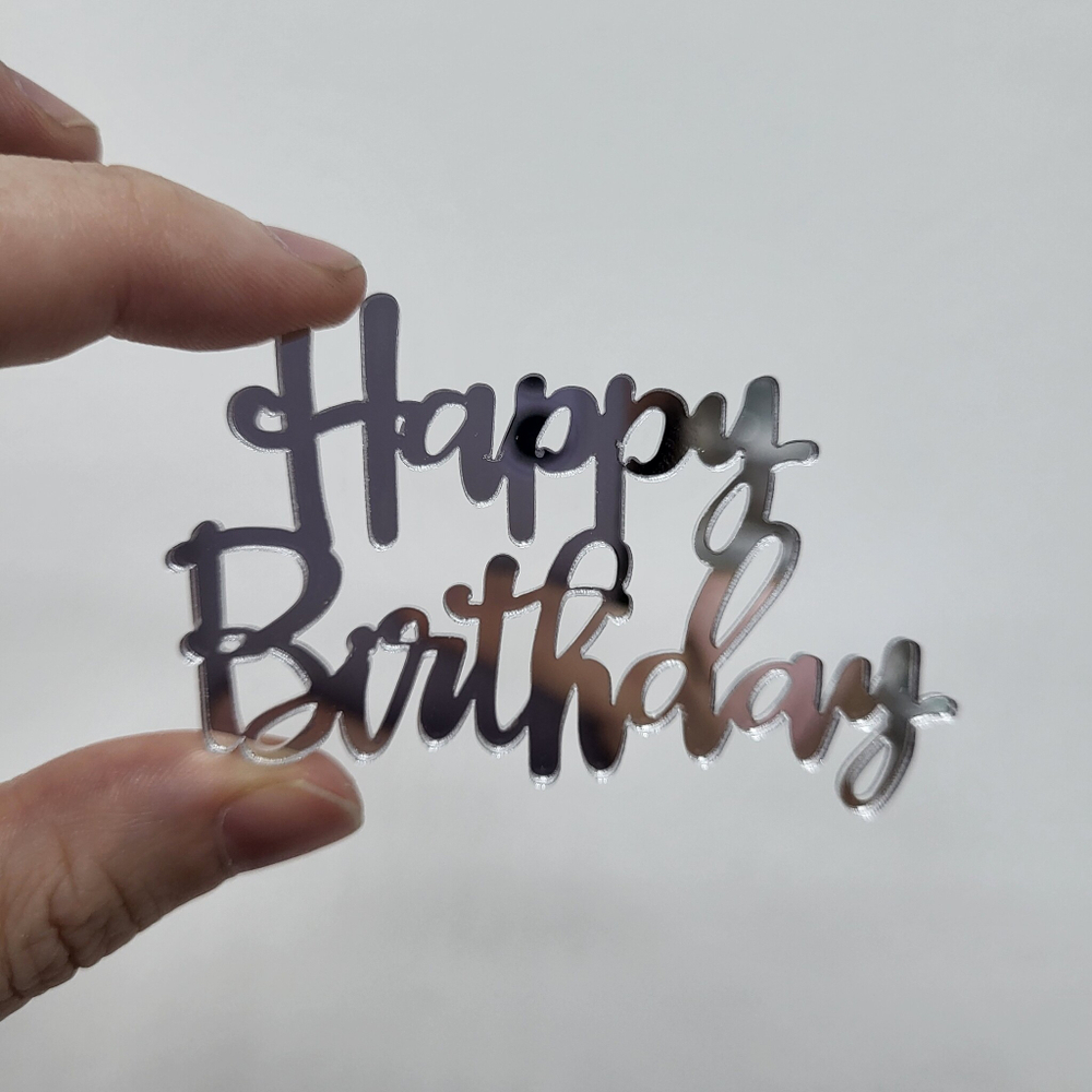 Декор акриловый Happy Birthday (прописью, СЕРЕБРО)