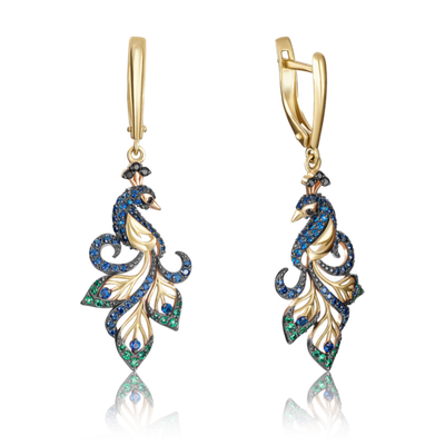 Серьги «Павлины» с английским замком из лимонного золота с фианитами