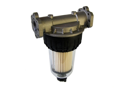 Fuel flushing filter in a transparent flask, 120 micron metal mesh cartridge, transparent reinforced flask with drain, adapter 1" F+flanges, 100 l/min) made in China, analog Piusi