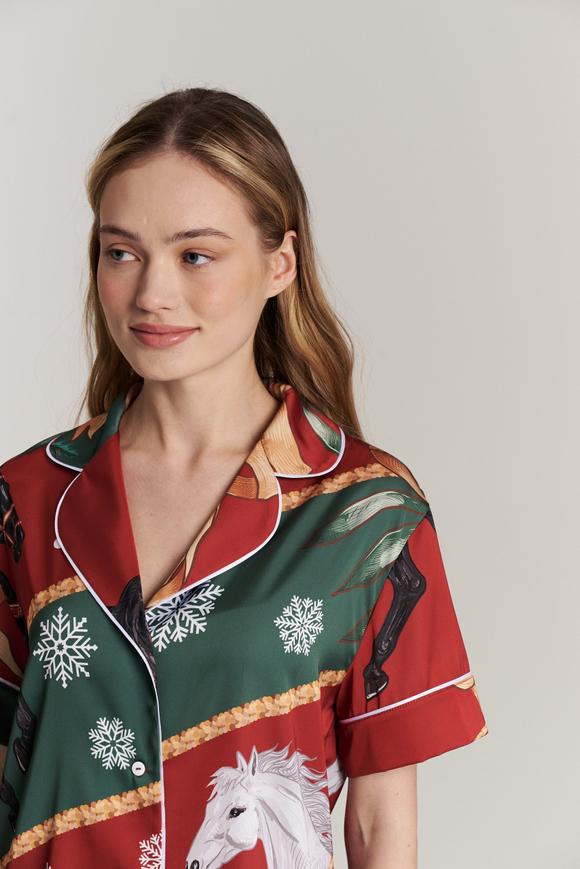 Шелковая блуза с кантом - новогодние лошади