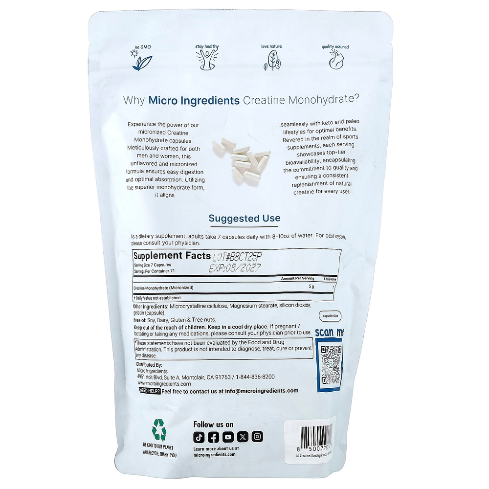 Micro Ingredients, моногидрат креатина, 500 капсул (714,28 мг в 1 капсуле)