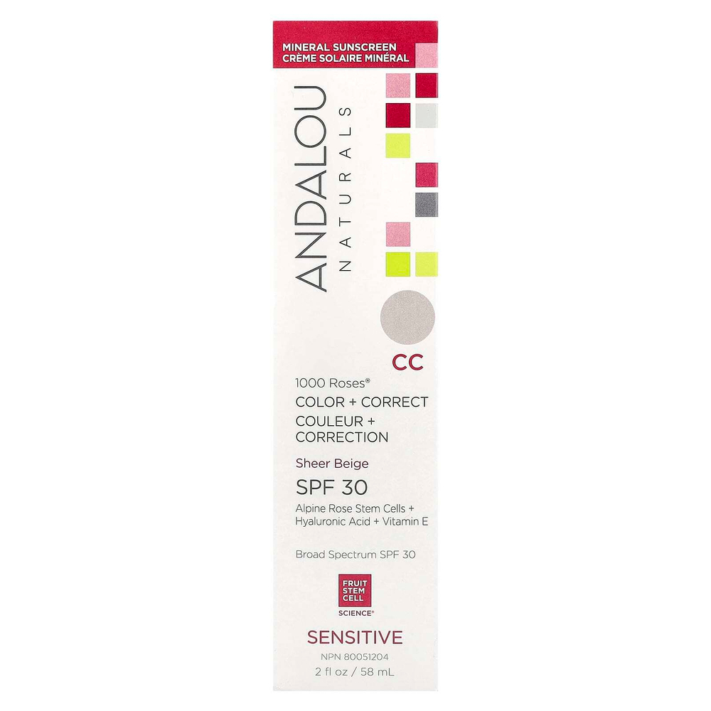 Andalou Naturals, 1000 Roses®, Color + Correct, для чувствительной кожи, SPF 30, бежевый, 2 жидк. Унции (58 мл)