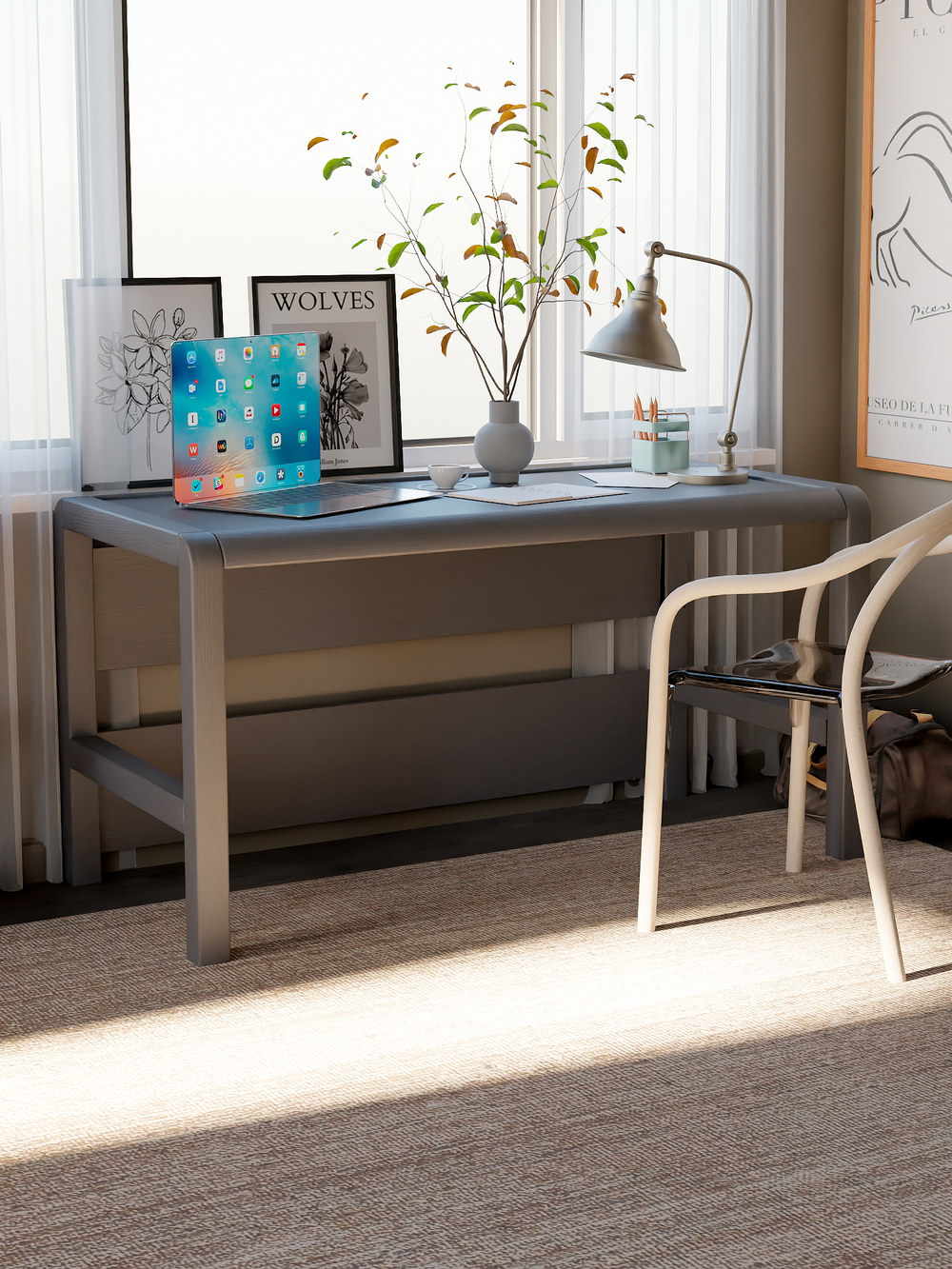 Стол компьютерный Мадейра из натуральной сосны, деревянный, серый