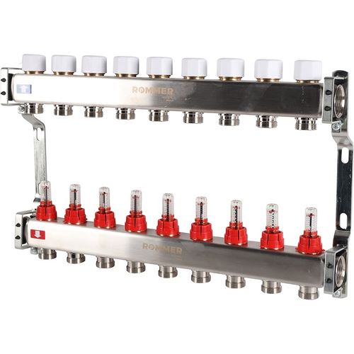 Коллектор Rommer 1"x3/4" на 9 контуров с расходомерами (нерж. сталь) RMS-1200-000009