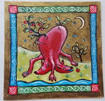 Картина "Двуглавое животное с яблоками". Золотой акрил на картоне. Авторская работа, оригинал. Серия: фантастические вымышленные животные