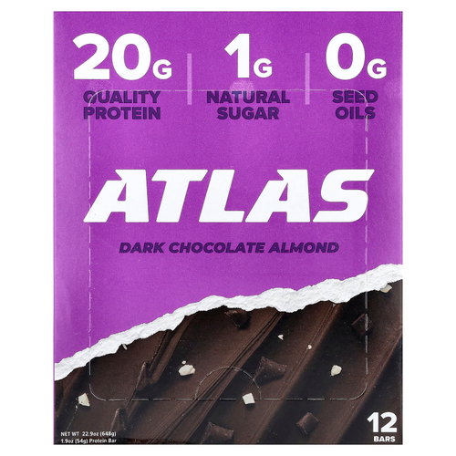 Atlas Bar, протеиновый батончик, темный шоколад и миндаль, 12 батончиков по 54 г (1,9 унции)