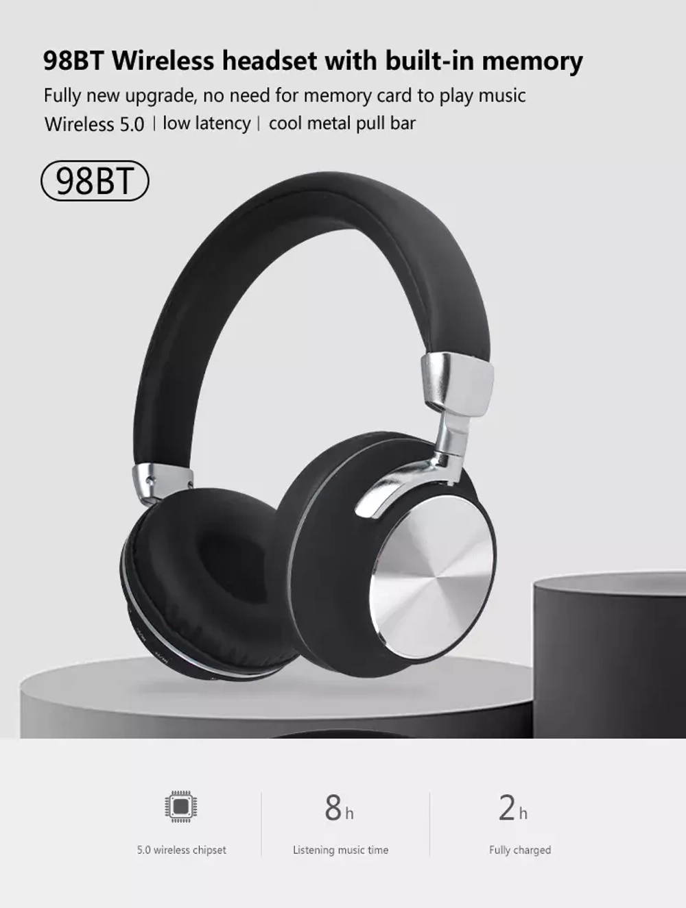Bluetooth  наушники Music 98BT black, беспроводные наушники, черные