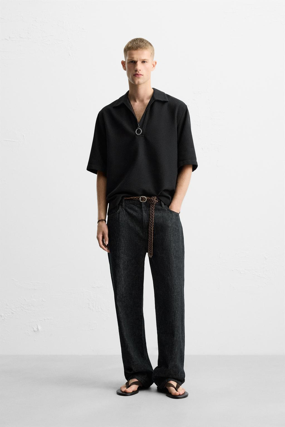 ZARA ПОЛО RELAXED FIT ИЗ РЕЛЬЕФНОЙ ТКАНИ, ЧЕРНЫЙ