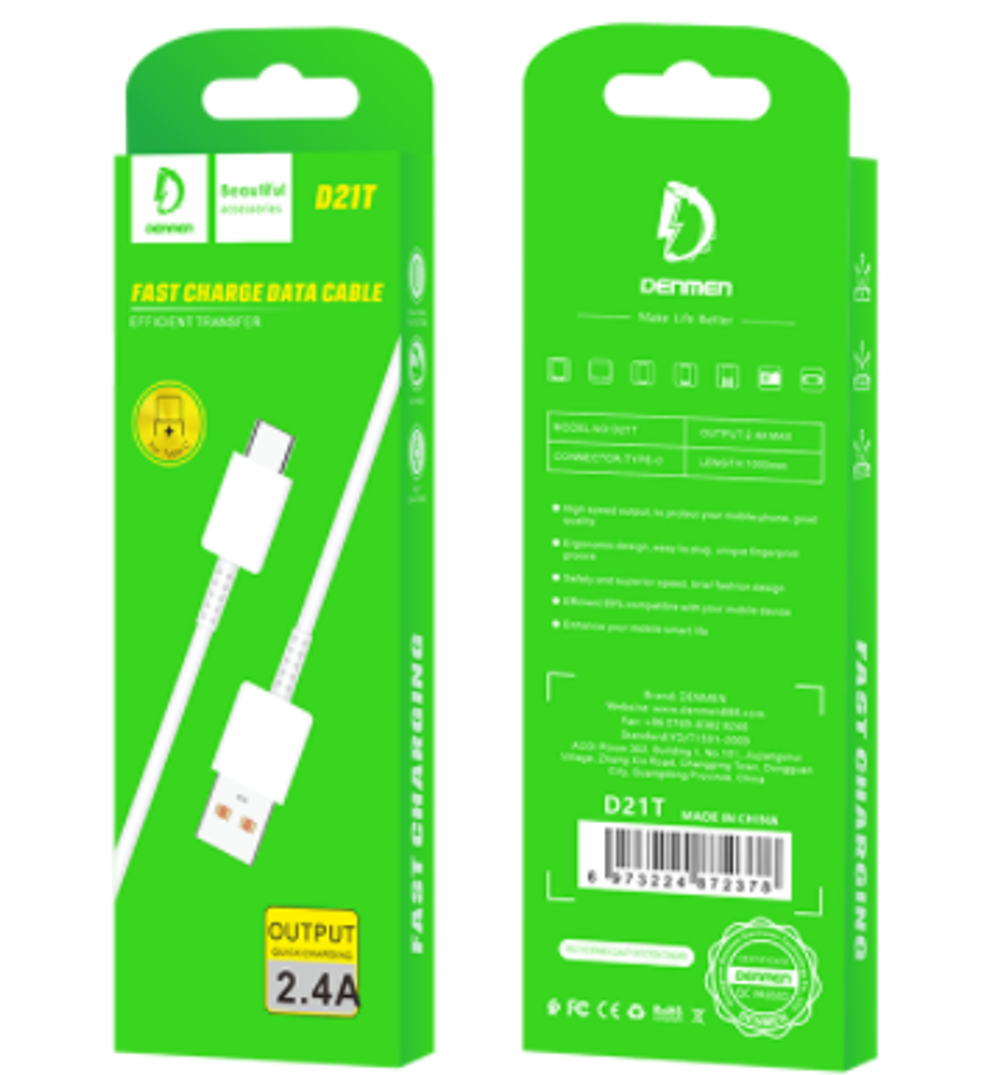 Кабель DENMEN D21T USB-Type-C 2.4A 1м PVC White