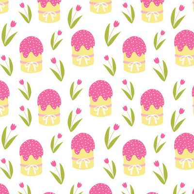 Куличи и тюльпаны на белом фоне. Пасхальный принт