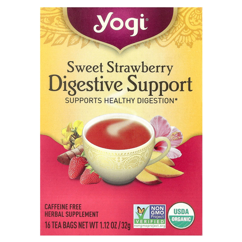 Yogi Tea, поддержка пищеварительной системы, сладкая клубника, без кофеина, 16 чайных пакетиков, 32 г (1,12 унции)