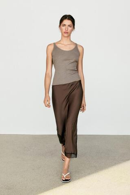 Massimo Dutti Юбка миди с кружевной отделкой, коричневый