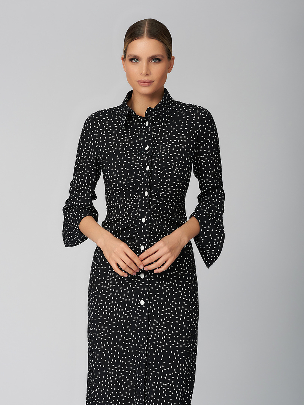 Платье-рубашка, с сборкой в горох