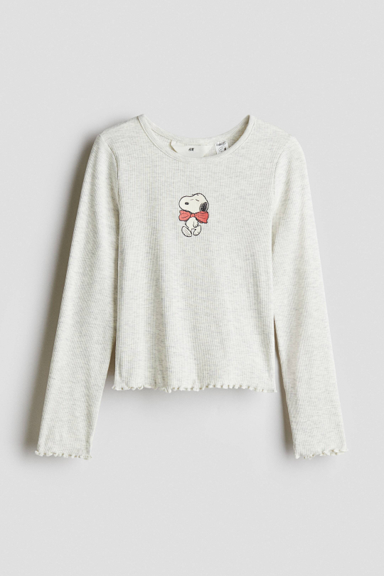 H&M Лонгслив из хлопка с принтом, светло-серый меланж