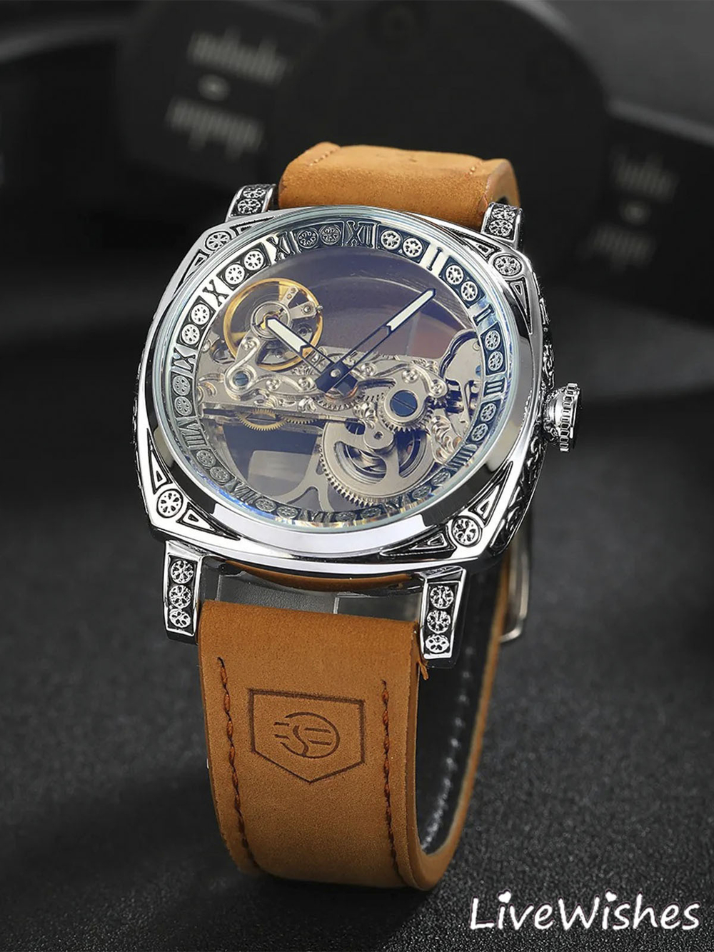 Часы наручные механические скелетоны FORSINING на кожаном ремешке, серебристый/коричневый W8980-01