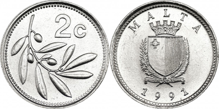 Мальта 2 цента, 1991-2007 Оливковая ветвь XF