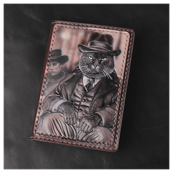 Кожаная обложка на паспорт «Кот гангстер»