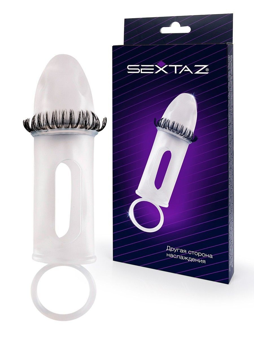 Закрытая насадка на пенис с подхватом мошонки и стимулирующими «ресничками»
