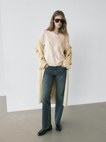 Massimo Dutti Свитер из 100% шерсти с узором «ромбы», натуральный/кремовый