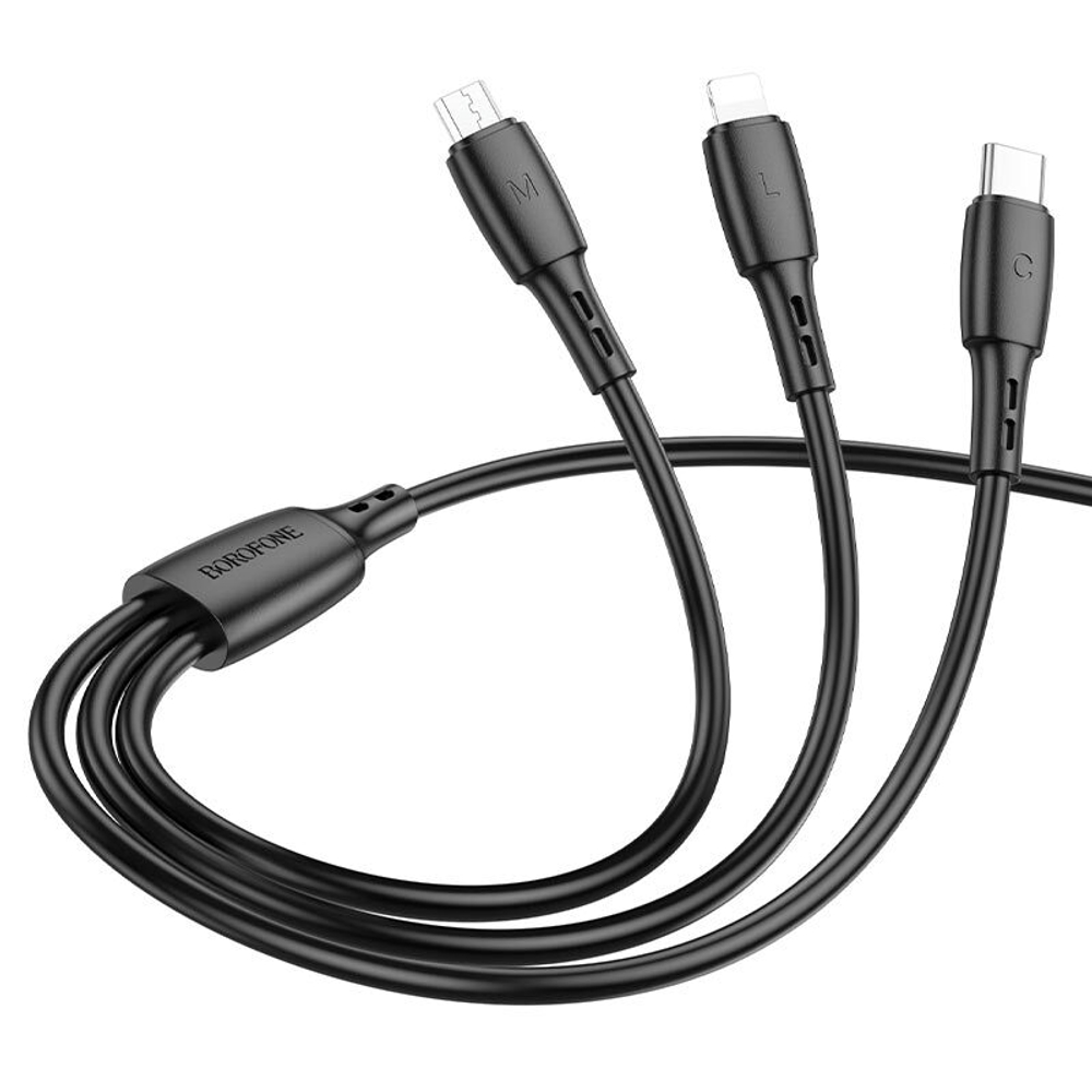 Кабель USB DENMEN D55E 3 в 1 для iPhone/Micro/Type C (черный) 1m