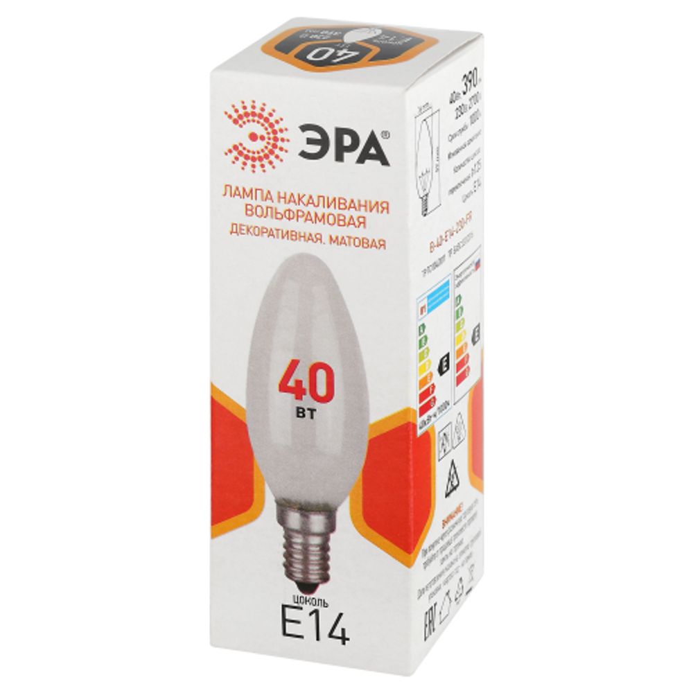 Лампочка ЭРА B36 40Вт Е14 / E14 230В накаливания свечка матовая