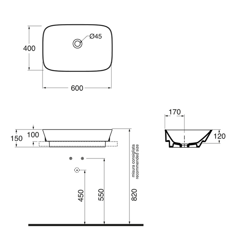Раковина Azzurra Prua PRLN06040000BI/(PRU60/IN bi)*0 накладная 60 см
