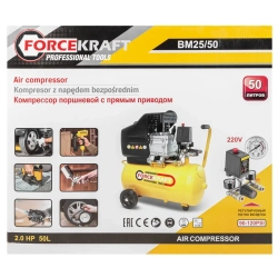 Компрессор поршневой с прямым приводом (ресивер 50л, 8 бар, 180л/м, 1500W, 230V) FORCEKRAFT FK-BM25/50