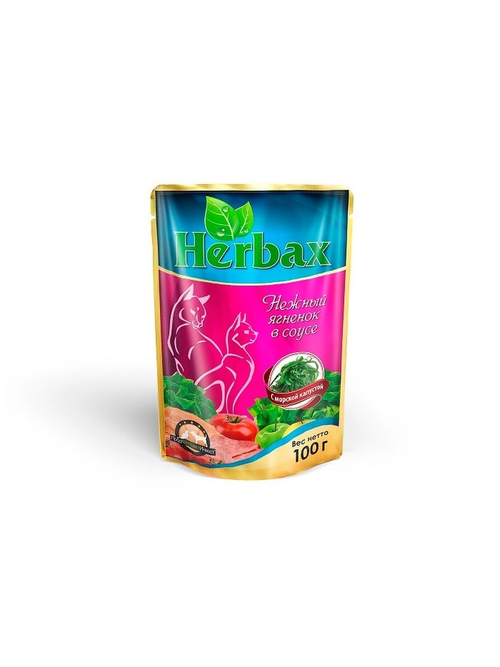 Влажный кром Herbax для взрослых кошек, нежный ягненок в соусе с морской капустой, 100 г