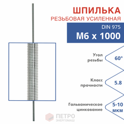 Шпилька резьбовая DIN 975 М6х1000 класс прочности 5.8 угол резьбы 60 град.