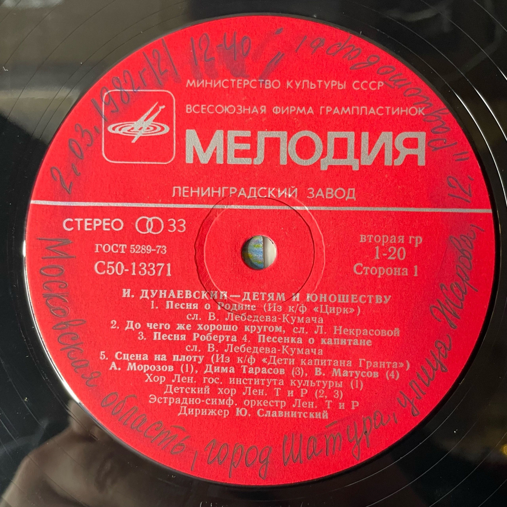 Винтажная виниловая пластинка Исаак Дунаевский, Детям И Юношеству (СССР 1984)